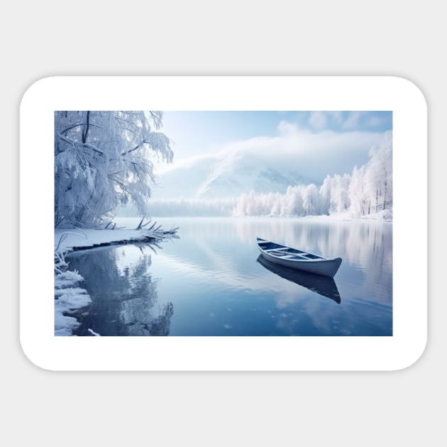 Lake Boat In Winter Serene Landscape Sticker by Cubebox